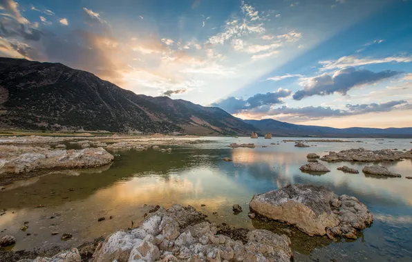 Sunset, mountains, lake, stones, California, Mammoth Lakes, Lee Vining