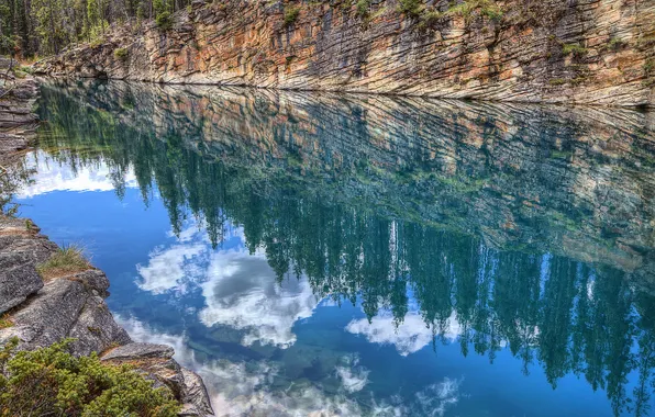 Trees, lake, reflection, rocks