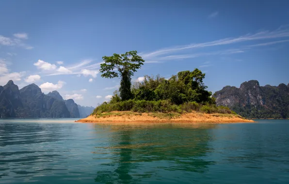The sky, the sun, lake, rocks, Thailand, island, the bushes, Cheow Lan Lake