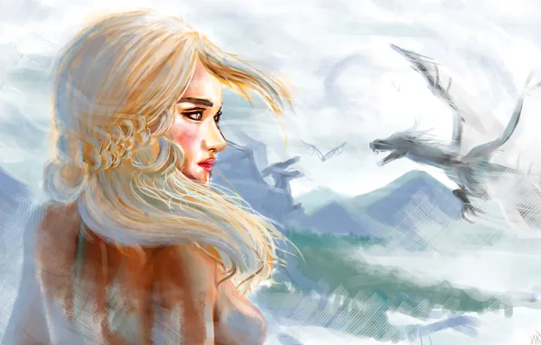 Girl, dragon, wings, art, painting, Game of Thrones, Emilia Clarke, Daenerys Targaryen