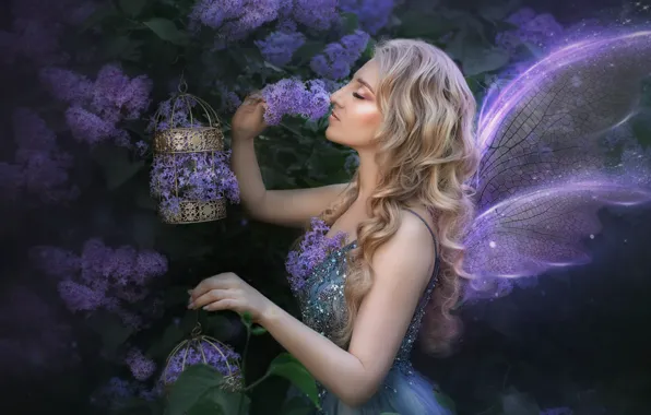 Girl, flowers, wings, garden, fairy