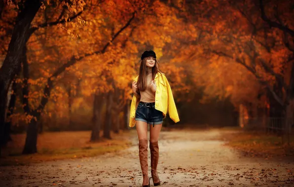 Autumn, trees, model, shorts, Girl, boots, Xenia, Dmitry Arhar