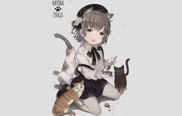 Picture cats, background, cats, anime, girl, grey background