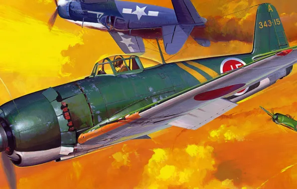 Picture war, art, airplane, painting, aviation, ww2, Kawanishi N1K