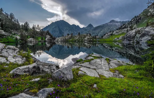 Picture mountains, lake, reflection, France, Alps, France, Alps, The Mercantour national Park