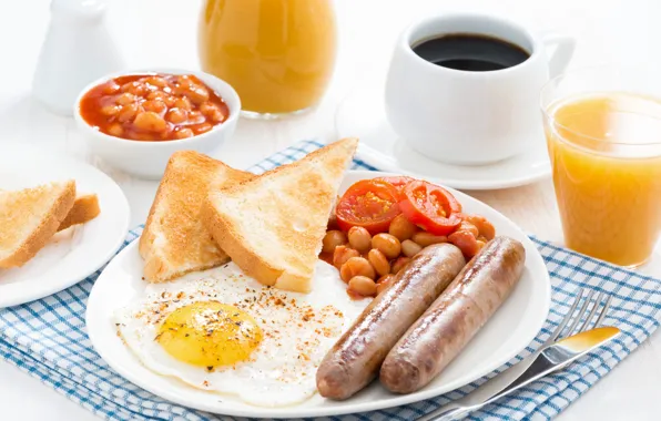 Picture egg, sausage, coffee, Breakfast, juice, scrambled eggs, toast, beans