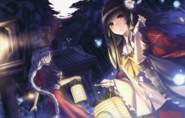 Picture forest, look, night, smile, girls, lantern, touhou, art