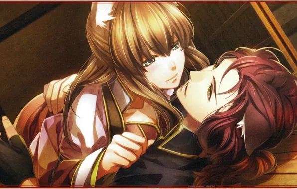 Smile, hairstyle, two, on the floor, hug, canoe, visual novel, jyuzaengi engetsu sangokugen