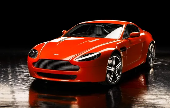 Aston Martin, Reflection, Vantage, Machine, Orange, The front, Sports car