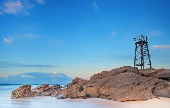 Sea, landscape, rocks, tower
