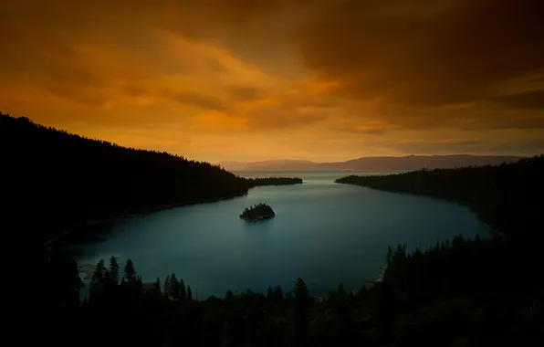 Forest, sunset, lake, island