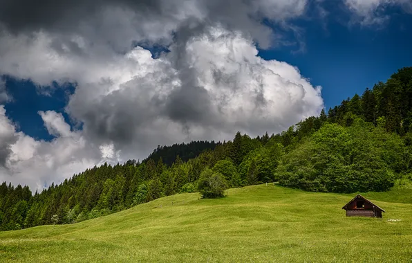 The sky, clouds, trees, landscape, mountains, nature