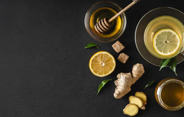 Lemon, tea, Cup, sugar, honey, ginger