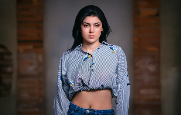 Picture look, girl, pose, jeans, brunette, shirt, bokeh, Hermance