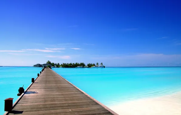 Picture bridge, palm trees, the ocean, island, resort, Maldives, Dhigurah Island