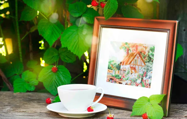 Picture leaves, branches, berries, raspberry, picture, Cup, Board, embroidery