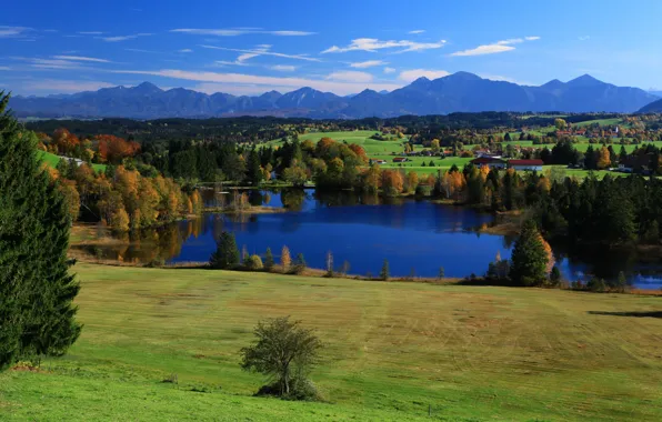 The sky, trees, mountains, lake, home, Germany, Bayern