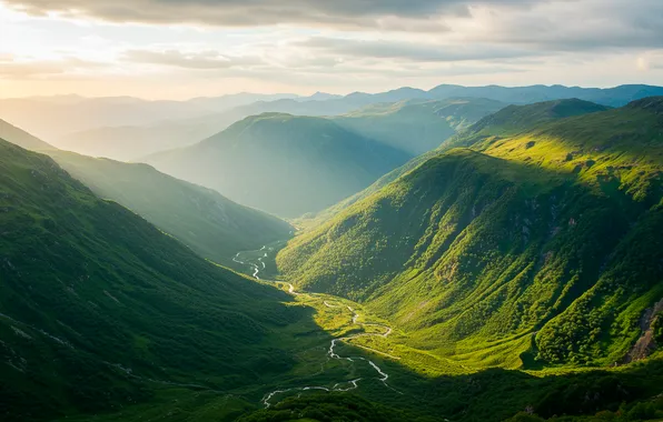 The sky, mountains, fog, river, Wallpaper, valley, wallpaper, river