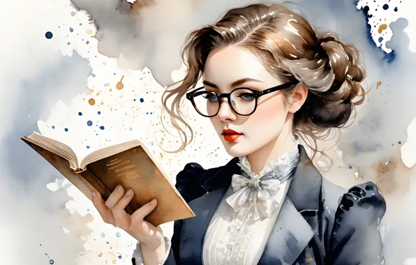 Girl, glasses, white background, book, blots, form, painting, student