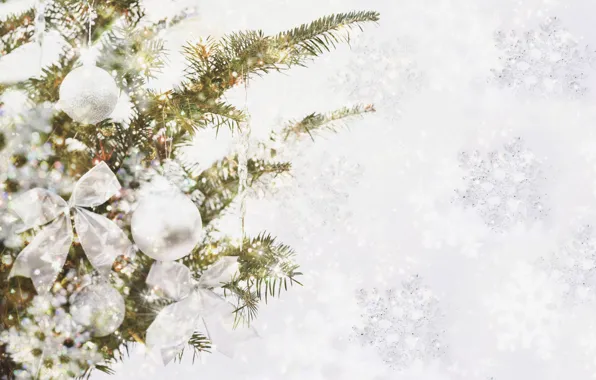Decoration, snowflakes, branches, glare, holiday, balls, toys, tree