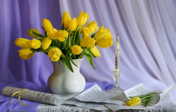 Notes, candles, tulips, still life