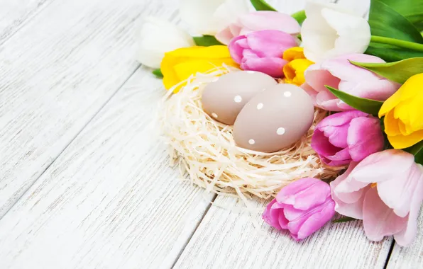 Flowers, eggs, spring, colorful, Easter, tulips, happy, wood
