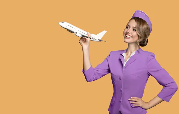 Girl, aircraft, woman, smile, background, airplane, air, orange