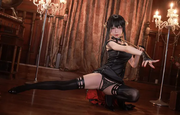 Candles, Asian, black dress, gesture, black stockings, asian, candles, black stockings