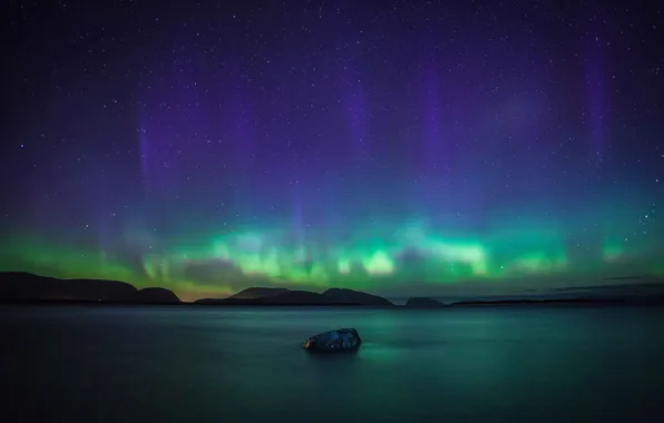 Picture the sky, stars, mountains, lake, reflection, stone, Northern lights