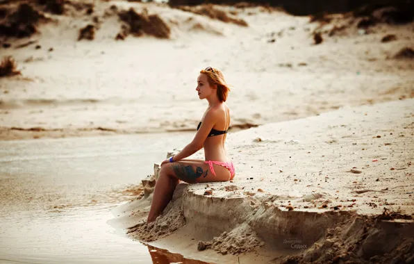 Sand, swimsuit, water, girl, nature, sexy, pose, model