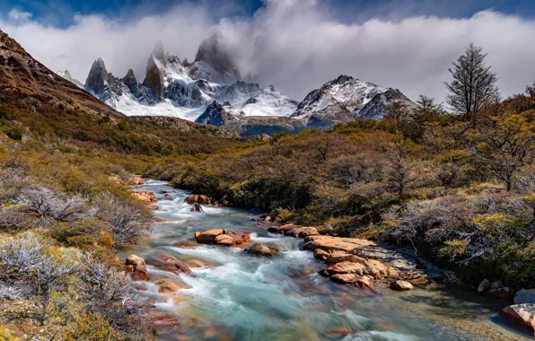 Autumn, the sky, clouds, snow, mountains, river, stream, stones