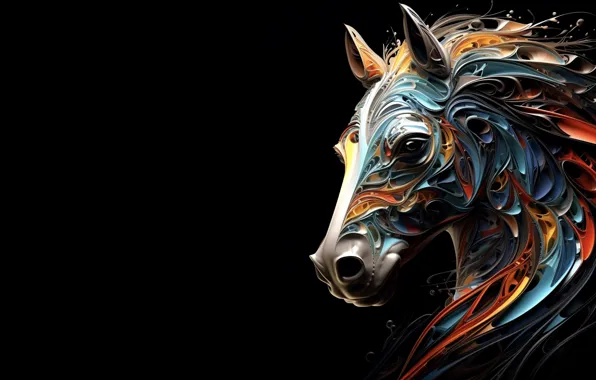 Picture style, horse, horse, black background, AI art, neural network