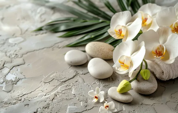 Flowers, stones, orchids, composition, AI art, neural network