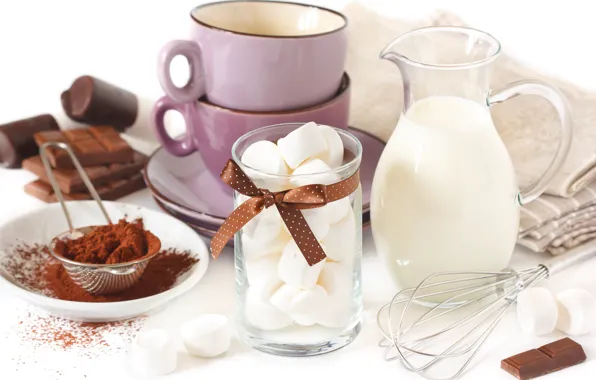 Chocolate, milk, Cup, pitcher, saucers, marshmallows, swipe