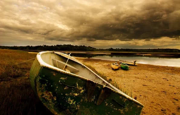 Sand, clouds, river, boat