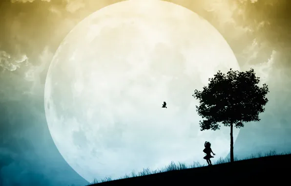 Picture tree, bird, the moon, silhouette, girl