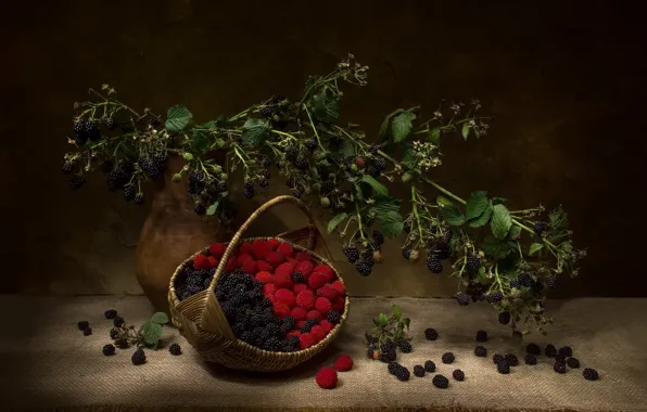 Branches, berries, raspberry, bouquet, pitcher, still life, basket, burlap
