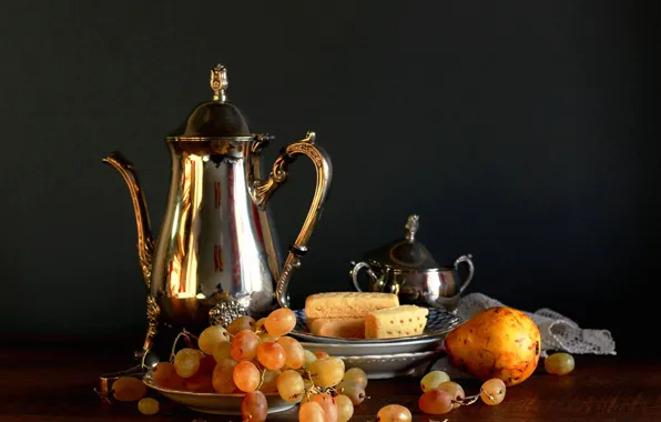 Table, kettle, cookies, grapes, plates, pear, still life, metal
