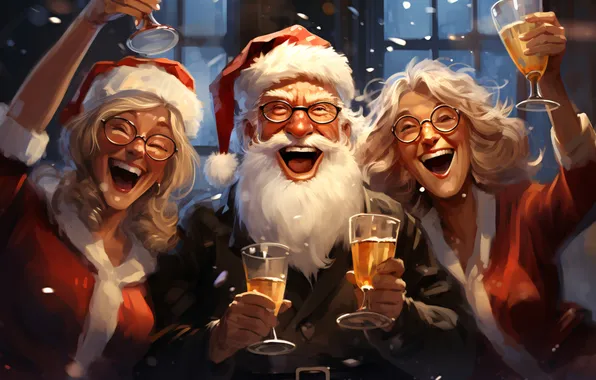 Glasses, Smile, Christmas, New year, Santa Claus, Joy, Three, Digital art