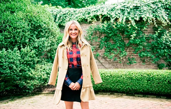 Smile, skirt, garden, actress, blonde, blouse, beautiful, coat