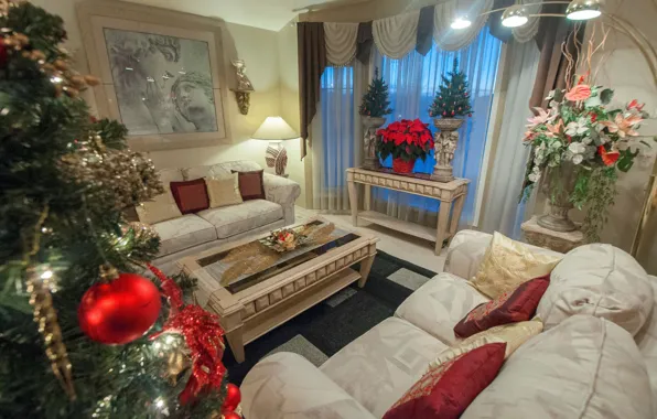 Picture flowers, table, room, sofa, holiday, tree, new year, picture