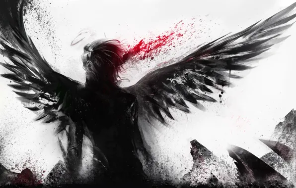 Picture blood, white background, male, angel wings, halo, short hair, sakimichan, monochrome