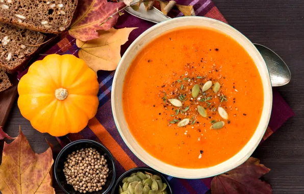 Bread, soup, pumpkin, bowl, seeds, coriander, puree