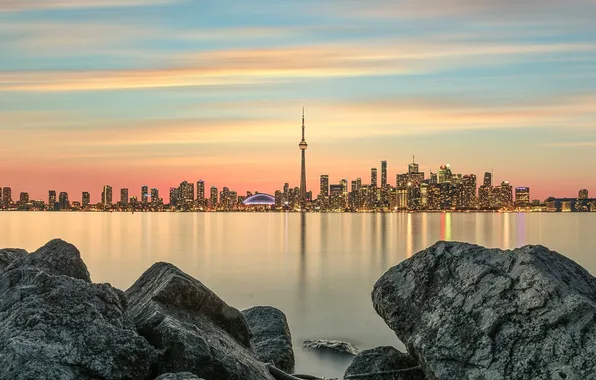Landscape, lights, lake, stones, dawn, coast, home, Canada
