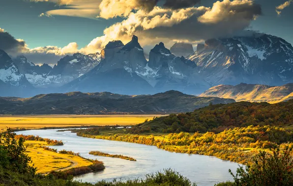 Clouds, mountains, river, Chile, Torres del Paine National Park