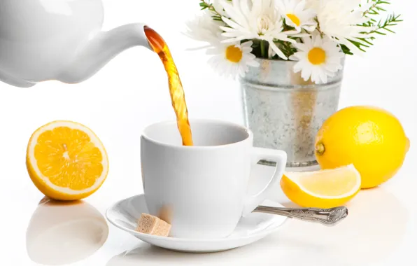 Flowers, lemon, tea, chamomile, Cup, sugar, drink, spoon