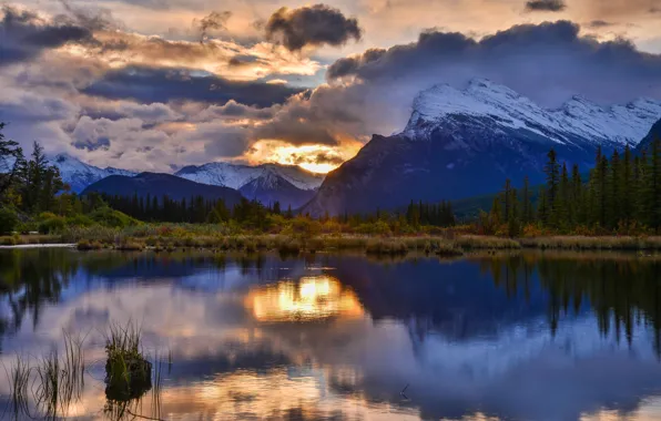 Forest, mountains, lake, reflection, sunrise, dawn, morning, Canada