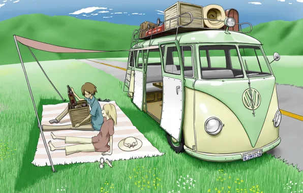 Road, grass, hills, bottle, Volkswagen, canopy, Mat, picnic