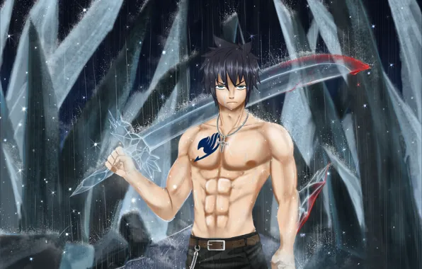 Magic, anime, sword, blood, ice, grey, anime, art