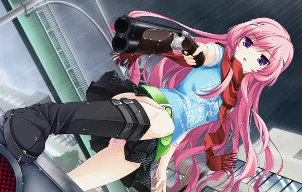 Picture girl, gun, rain, art, traffic light, Anime, pink hair, cross